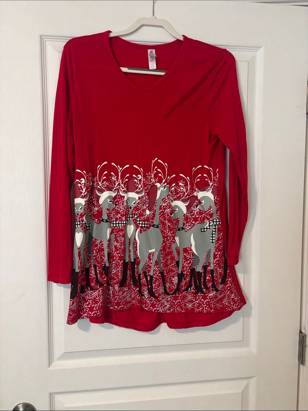 Women’s Red Reindeer Print Long-Sleeve Top
